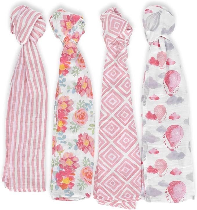 Featherhead™ 100% Cotton Muslin Swaddle Blankets for Baby Girl - Large 47”x 47” - Pre-Washed, Soft, & Breathable - Newborn Essential & Perfect Baby Registry Gift (4 Pack - Garden Floral)