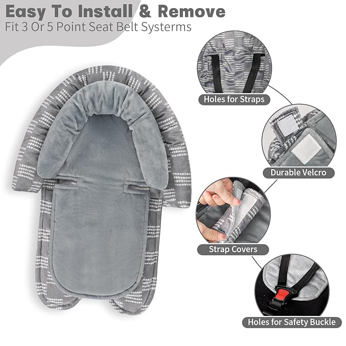 Infant Car Seat Insert, HNHUAMING Baby Car Seat Head & Body Support with 2 Strap Pads, Ultra Soft Newborn Preemie Carseat Insert Cushion for Girls Boys, Fits Car Seat, Stroller, Swing, Bouncer, Gray