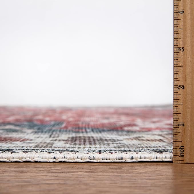 Bloom Rugs Washable Non-Slip 7 ft Runner - Red/Blue Traditional Runner for Entryway, Hallway, Bathroom, and Kitchen - Exact Size: 2.5' x 7'