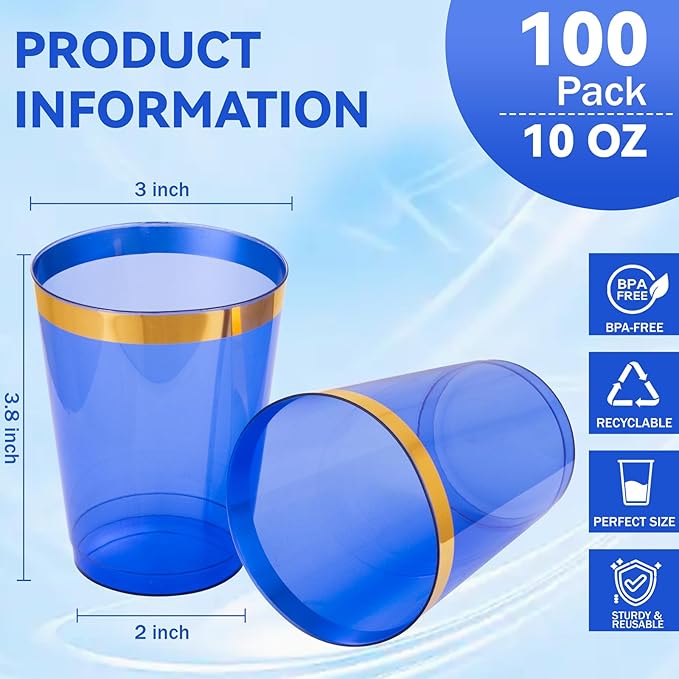 supernal 100 Pcs Blue Plastic Cups,10 Oz Clear Blue Disposable Cups with Gold Trim,Plastic Cocktail/Drink/Bridal Shower/Baby Shower Cups for Party,Wedding and Birthday,Cute Disposable Cup