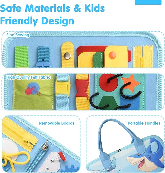 Busy Board Montessori Toys for 1 2 3 4 Year Old Boys & Girls Birthday Gifts, Toddlers Sensory Educational Travel Activities Busy Book with Fishing Game & Alphabet Puzzle & Fine Motor Skills