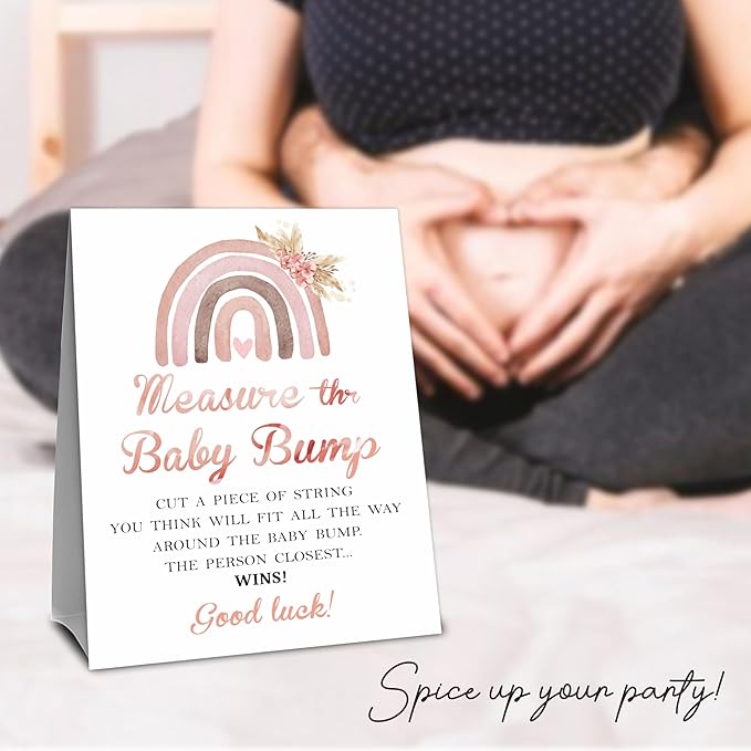 Boho Rainbow Baby Shower Measure The Baby Bump, Measure Mommy's Belly Game Set-1 Self-Standing Sign And 50 Tickets - Gender Reveal, Baby Shower, Baby Announcement Activity & Party Favor Supplies - A04