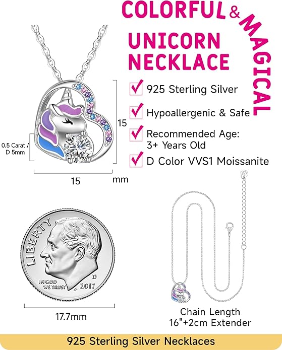 Unicorn Necklace for Girls, Initial Necklaces for Little Girls Kids Children, Hypoallergenic 925 Sterling Silver Kids Jewelry Colorful CZ Unicorn Gifts for Birthday Kindergarten Graduation Wedding