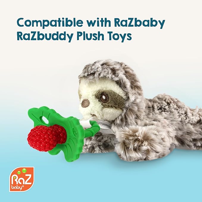RaZbaby RaZberry Silicone Teether Pacifier – Teething Relief for Infants, Food-Grade, BPA-Free, Hands-Free, Natural Berrybumps Fruit Texture for Sensory Development, Freezable, 2-Pack - Red/Green