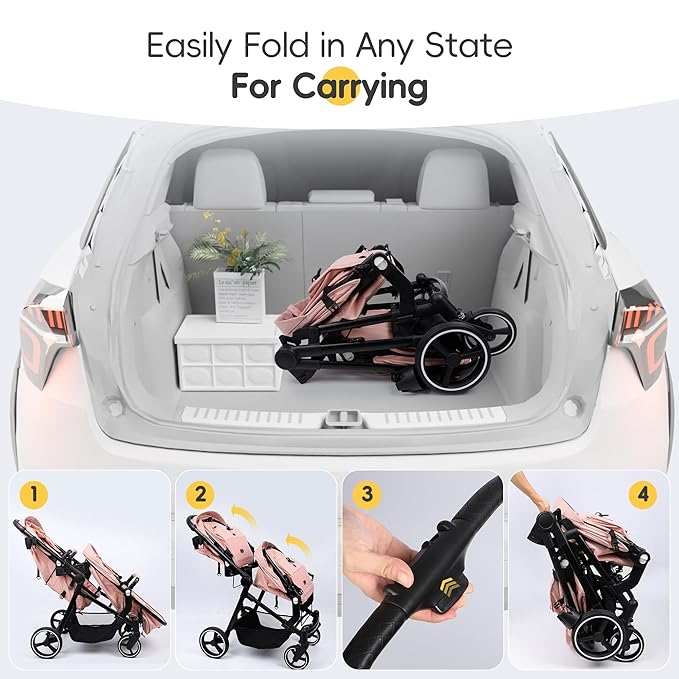MU Double Stroller, Foldable Twin Tandem Stroller with Adjustable Backrest, Reversible Seat, 5-Point Harness, Storage Basket, Convertible Baby Bassinet for Infant and Toddler, Pink