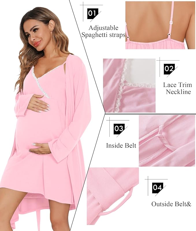 SWOMOG Womens Maternity Robe 2 Piece Nursing Nightgown for Breastfeeding 3 in 1 Labor Delivery Nursing Dress Lace Bathrobe