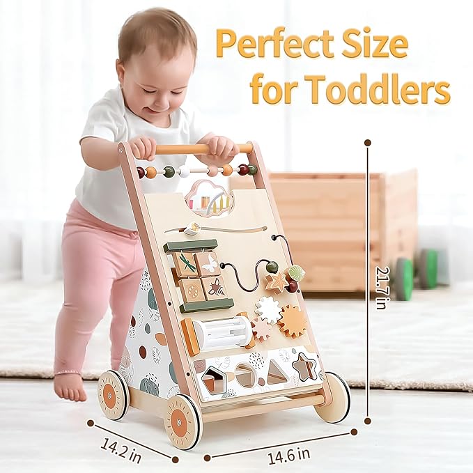 Joyreal Wooden Baby Walker Push Toys - Adjustable Speed Push Walker with Wheels and Learning Activity Center - Neutral Color Montessori Toys for Baby Boys and Girls Birthday Gifts