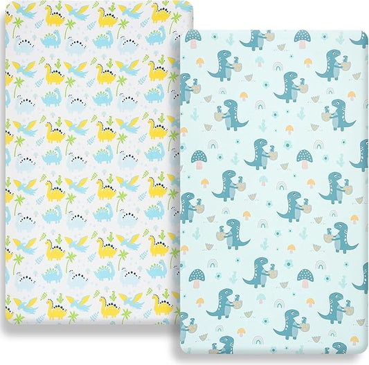 Pack n Play Flat Sheet 2 Piece Mini Crib Sheet Elastic Playard Sheet Set Portable Sheet Set Elastic Convertible Playmat Compatible Graco Pack n Play (Owl and Tree Bag) (More Dinosaurs)