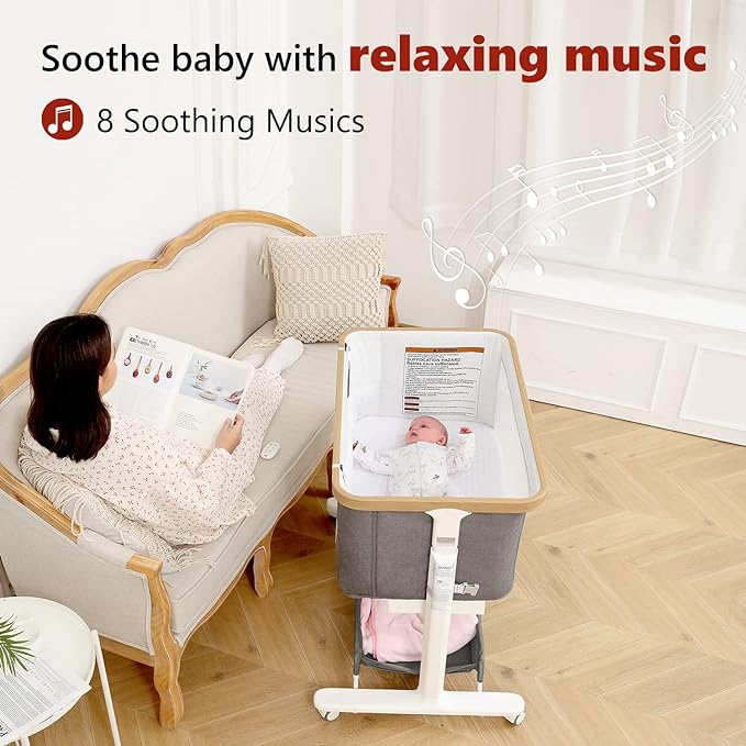 Rocking Bassinet for Baby Electric Automatic Bedside Sleeper Rocks Itself 3 Motion Auto Rolling Newborn Cradle 5 Height Adjustable with Music, Wheels, Storage, Dark Grey
