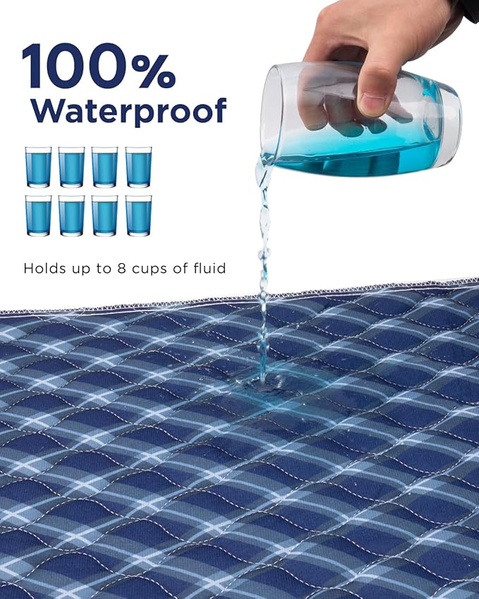 Non-Slip Bed Pads for Incontinence Washable (34" x 36"|2 Pack), Waterproof Bed Pads, Navy Blue Grid, Bed Wetting Pads for Bed, Sofa, Floor, Resuable Underpads for Adults, Seniors, Pet