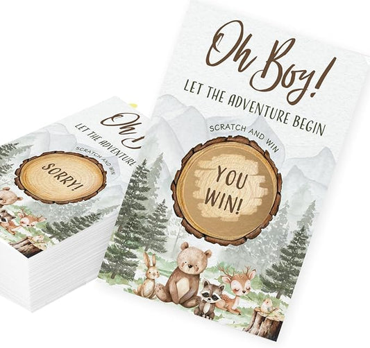 Printed Party Woodland Baby Shower Games – Scratch Off Game with Adorable Forest Animals, Nature Adventure Theme for Boy, 30 Cards & Stickers