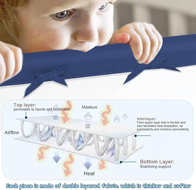 4 in 1 Crib Rail Covers for Teething,Soft Breathable Anti-Collision Crib Teething Rail Cover Edge Protector Strip（2025 New） (Blue-4pc)
