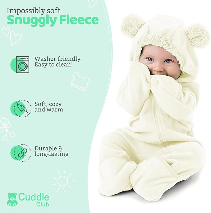 Cuddle Club Fleece Baby Bunting Bodysuit with Hood, Convertible Mittens & Booties, Car Seat Friendly, Soft & Warm, Easy Zip