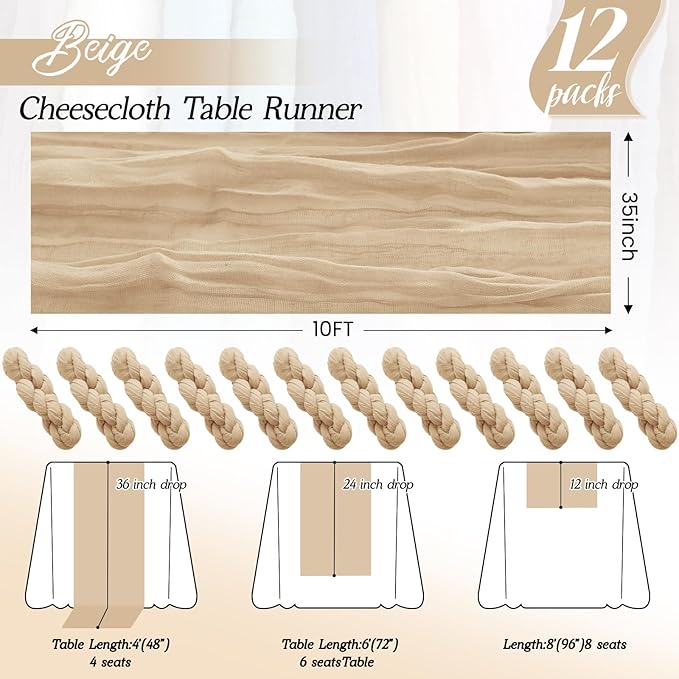 12Pack Beige Table Runner 35 x 120 inch Cheesecloth Table Runner 10FT Boho Table Runners Rustic Gauze Cheese Cloth Table Runners for Party Wedding Birthday Dining Bridal Shower Baby Shower Decor