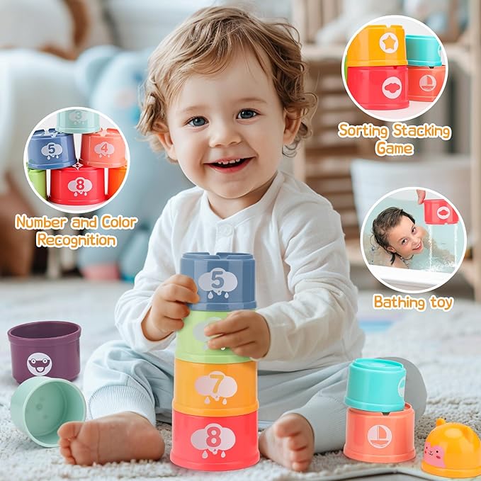 5 Pcs Baby Montessori Toys for 6 12 18 Months, Gift for 1 Year Old Boy Girl, Baby Tissue Box, Dino Matching Egg, Pull String Toy, Teething Toy, Stacking Cup