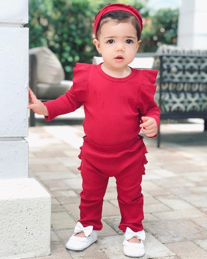 Fullfamous Baby Girl's 3pc Rib Frill Long Sleeve Romper and Pant Set