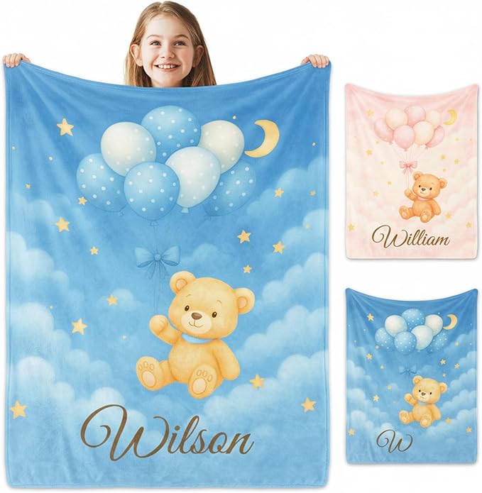 Personalized Baby Blanket – Printed in USA, Baby Blankets for Girls & Boys with Name, Newborn Essentials Must Haves, Soft Plush Flannel, Easter Christmas Brithday Gifts for Kids Toddlers (Blue Pink)