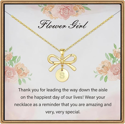 IEFLIFE Flower Girl Gifts - 14K Gold Plated Disc Initial Flower Girl Proposal Necklace Gifts for Girls from Bride, Bow Necklace Gift for Girls on Wedding Bridal Shower Party Jewelry