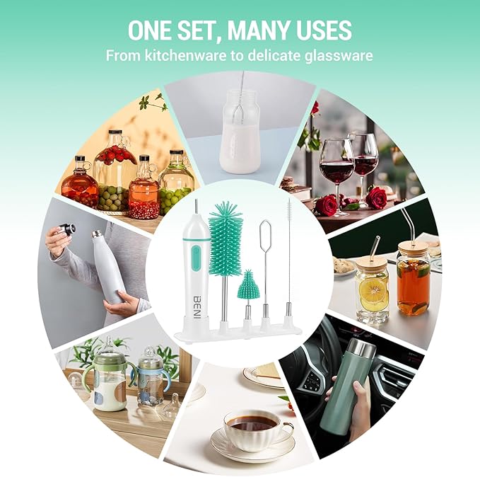 Travelling Electric Bottle Brush Cleaner, Baby Bottle Brush Set, Fully Water -Proof Bottle Brush, Long Handle Brush, BPA Free Silicon Brush Heads, Drying Stand, Milk Mixer, Egg Whisk Included