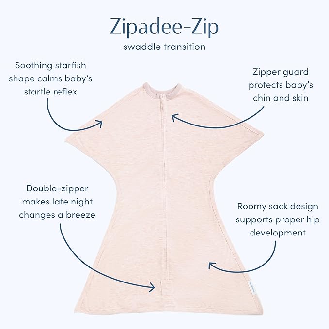SleepingBaby Zipadee-Zip Transition Swaddle - Cozy Baby Swaddling Blanket with Zipper Convenience - Roomy Wearable Blanket for Easy Diaper Changes - 3-6 Month - Ballet Pink Heather
