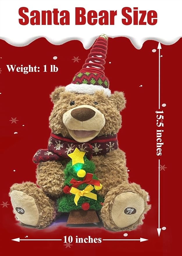 LANGXUN Christmas Teddy Bear Plush Toy with Singing & Voice Recording for Kids Adults Christmas Decorations, Birthday Gifts for Boys and Girls, Premium Plush Toy for Ages 1& Up Baby Toddlers, 15.5”