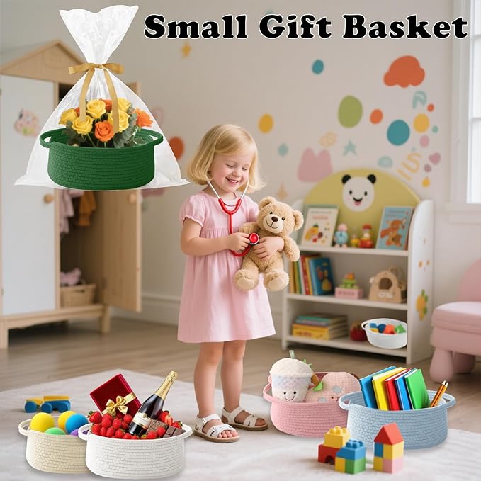 Gift Basket with Gift Bag and Ribbons,Small Rope Woven Shelf Storage,Baskets for Gifts Empty,Birthday,Shower,Decorative Organizer Box for Cat Dog Pet with Handles(Green)