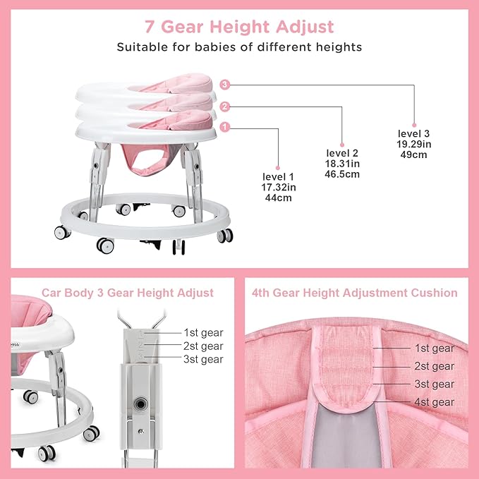 One-Touch Folding Baby Walker, Anti-Roll 8-Wheel Round Chassis, 7-Speed Height Adjustment, with Large Dinner Plate and Brake, 6-18 Months Baby Walker, Pink.