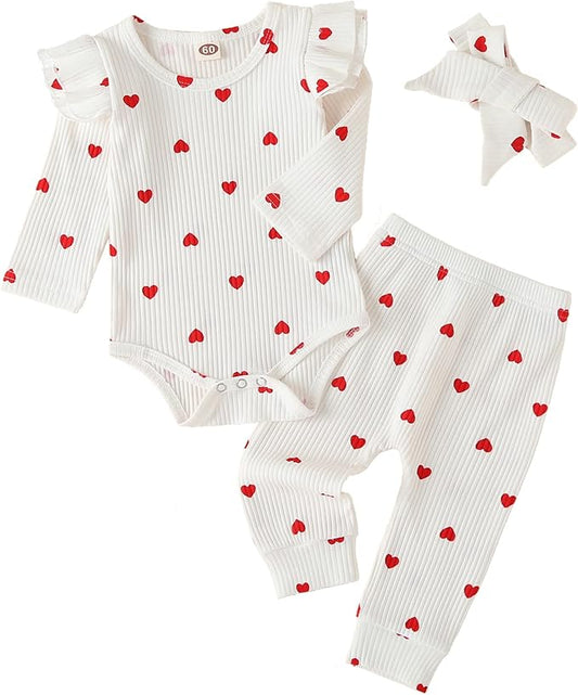 Fullfamous Baby Girl's 3pc Rib Frill Long Sleeve Romper and Pant Set