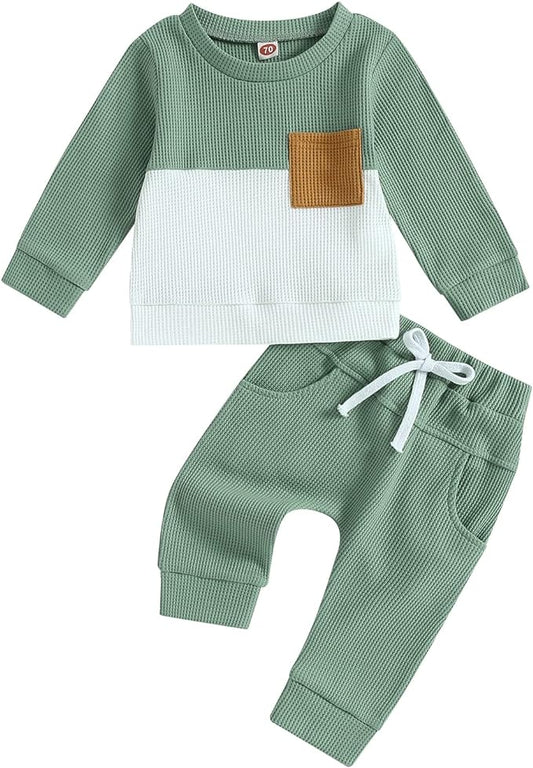 Kupretty Toddler Baby Boy Fall Winter Clothes Color Block Long Sleeve Sweatshirt Pullover Tops + Joggers Pants Outfit Set