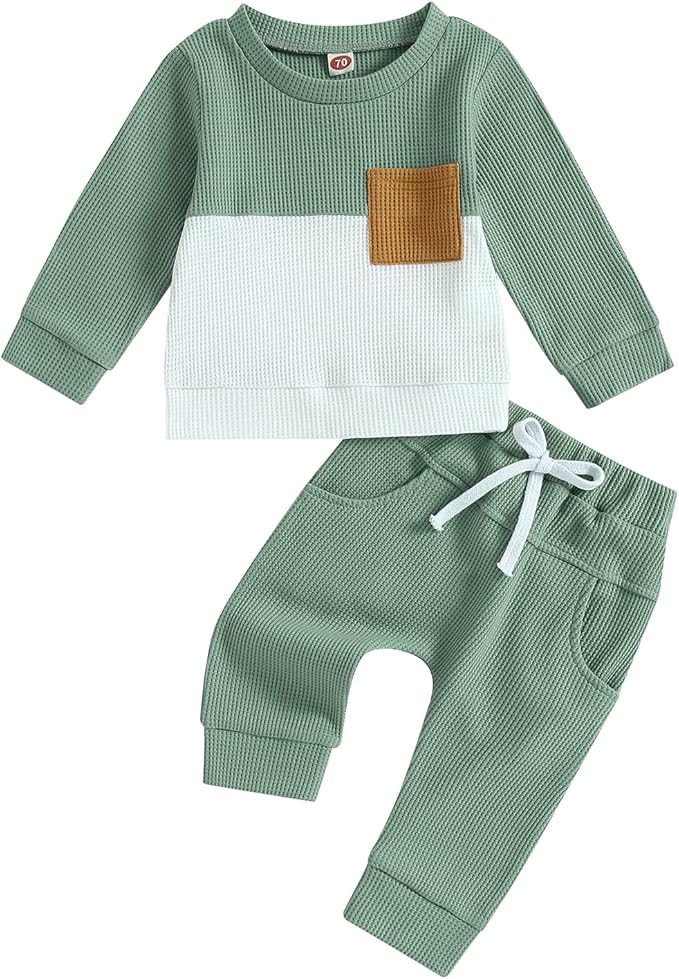 Kupretty Toddler Baby Boy Fall Winter Clothes Color Block Long Sleeve Sweatshirt Pullover Tops + Joggers Pants Outfit Set