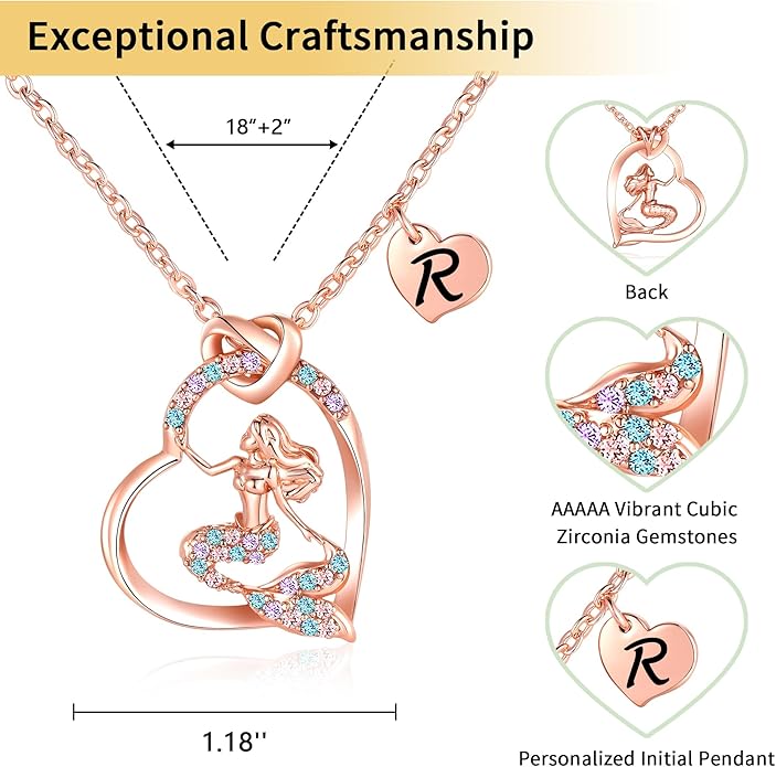 K-Acc 14K Gold-Plated Mermaid Initial Heart Necklace - Gifts for Girls