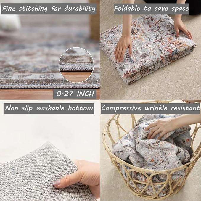 5x7 Washable Foldable Thin Area Rug Tangerine Vintage Rug Traditional Floor Cover Retro Indoor Distressed Non Slip Carpet Floral Print Bedroom Living Room Bathroom Mat