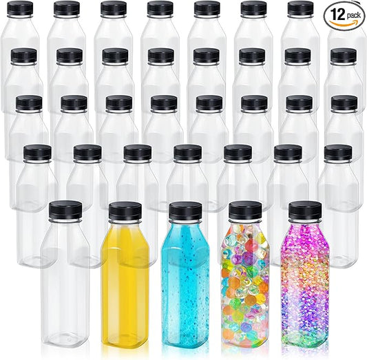 Honeydak 12 Pcs Empty Sensory Bottles Bulk with Black Lids 12 oz / 350 ml Clear Plastic Reusable Leakproof Juice Bottles Drink Container for Sensory Crafts Handmade Beverages Storage (Square)