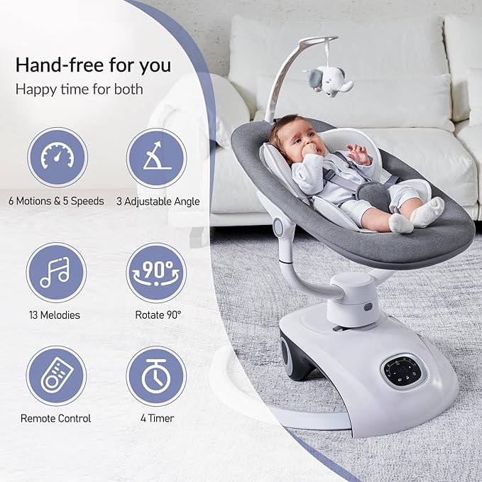 Baby Swing for Infants Electric Automatic Multi Motion Newborn for Girl & Boy with Remote Control, 5 Speed, 13 Melodies, Light Gray