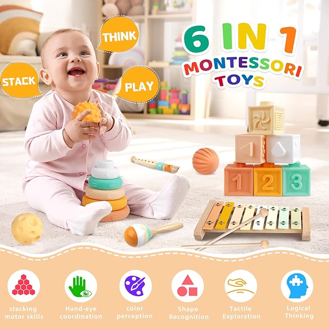 Montessori Toys for 6 Month Old 1+ Year Old 6 in 1 Musical Instruments for Toddler Stacking Blocks Rings Development Learning Educational Toy with Wooden Xylophone for 6 7 8 9 Months 1 Year Old Baby