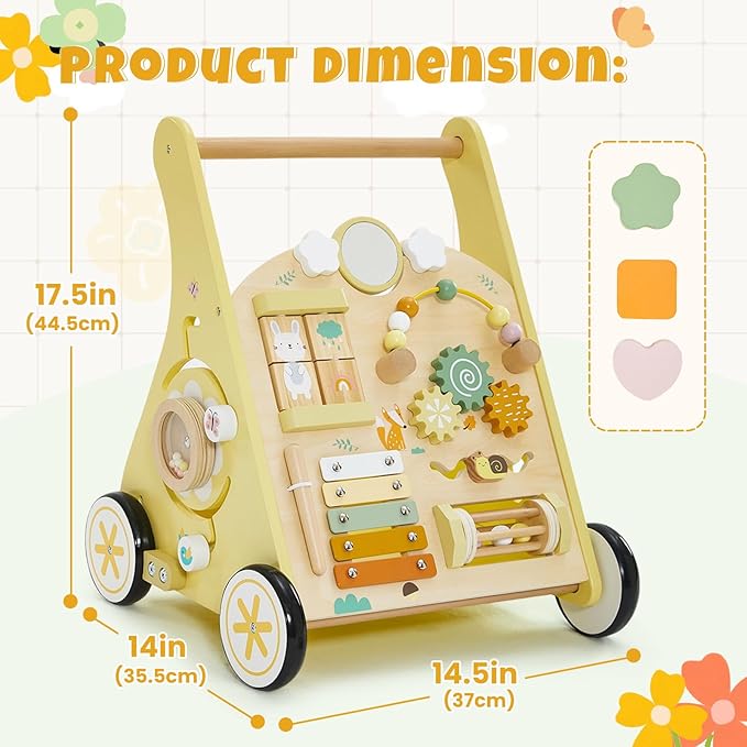 labebe Wooden Baby Walker, Push Walker for Baby Boys and Girls with Activity Center, Montessori Walker Push Toy for Toddler Learning to Walk