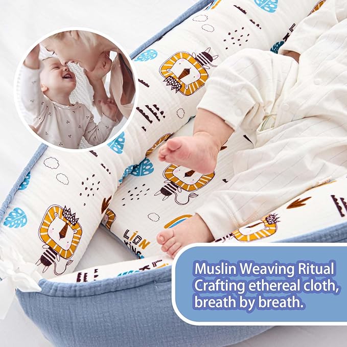 Premium Muslin Baby Lounger - Foldable, Adjustable & Breathable Infant Seat for 0-24 Months, Portable Travel Design with Mesh Liner, Soft & Cozy for Home & On-The-Go