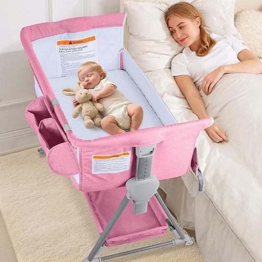 BIERUM Baby Bassinet for Baby - 7 Height Adjustable Bedside Bassinet with Lockable Wheels, Easy to Assemble Portable Bedside Crib with Large Storage Bag & Mattress for Newborn/Infant