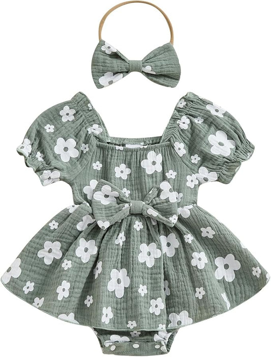 Baby Girls Floral Cotton Leotard Romper Newborn Daisy Playsuits Ruffled Sleeve Onesie Infant Jumpsuit Clothes Headband