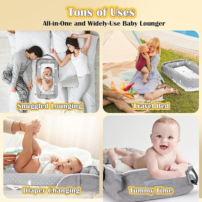 Infant Lounger, Baby Nest for Newborns, Portable Breathable Baby Lounger Adjustable U-Shaped Safety Bumper for Cozy Comfort - Crown Ash