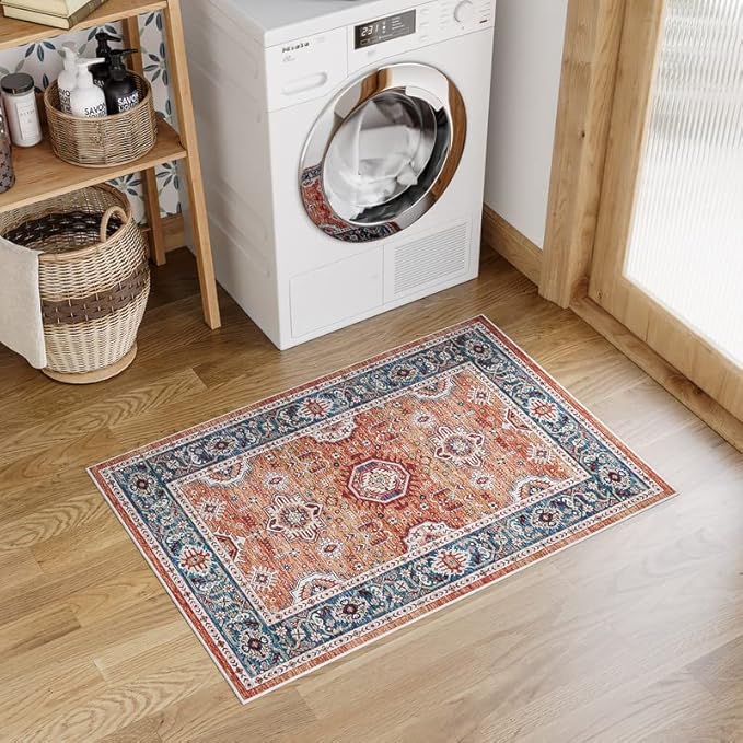 Dripex Vintage Collection Washable Area Rug - 2x3 Door Mat Small Entryway Rug Distressed Non-Slip Low-Pile Floor Carpet for Indoor Front Entrance Kitchen Bathroom Living Room Bedroom