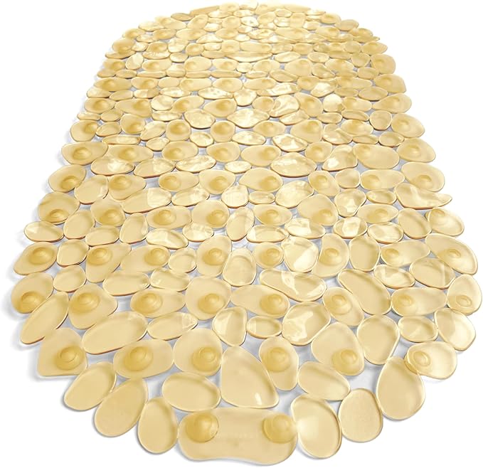 “Pebbles” Non-Slip Bathtub & Shower Mat 27”x14” Oval - Non-Toxic - Safe, Clean, Machine-Washable, Superior Grip & Drainage, Vinyl, for Smooth Floors ONLY, Transparent Light Brown
