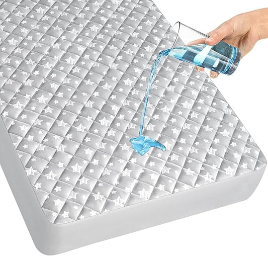 Crib Mattress Protector Waterproof, Quilted Crib Mattress Pad Cover 52" x 28" Extra Soft Breathable Toddler Bed Cover Stretch Up to 8", Grey Star