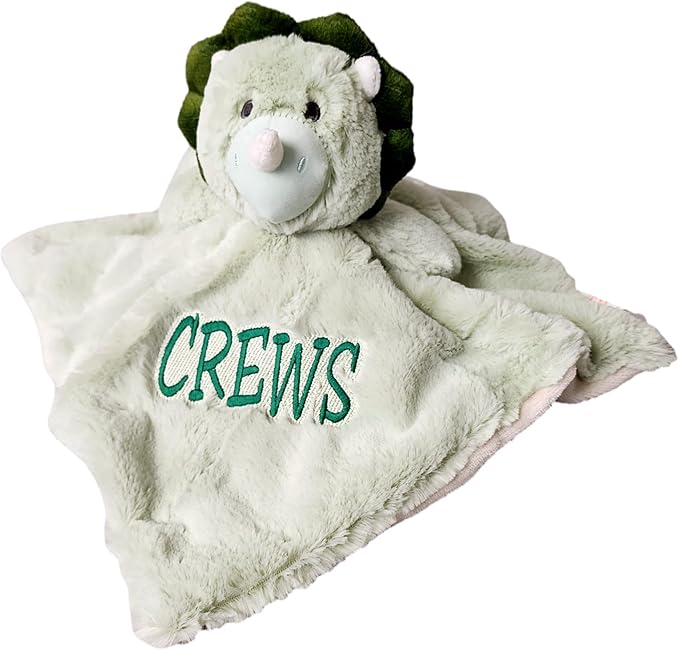 SONA G DESIGNS Custom Personalized Dinosaur Lovey Lovie Security Blanket with Rattle (Green Dino with Embroidered Name)
