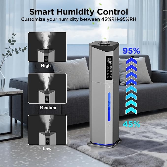 Humidifiers for Bedroom - GloryAir 2.38Gal/9L Dual Atomizers Top Fill Humidifier for Large Room 2000ft² with Auto Rotation 7-Color Light Humidistat Quiet Commercial Humidifiers for Plants Baby Adults