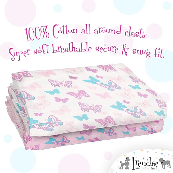 Fitted Pack n Play Sheets, 2 Pack, 100% Woven Cotton, Pack and Play Mattress Sheets, Fits Most Mini Crib & Playard, 27 x 39 x 4in, Butterfly