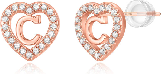 Initial Heart Earrings for Girls, Sterling Silver Post Silver/Rose Gold Heart Initial Stud Earrings for Little Girls Kids Baby Earrings Non Tarnish Hypoallergenic Earrings for Teen Girls Gifts Jewelry