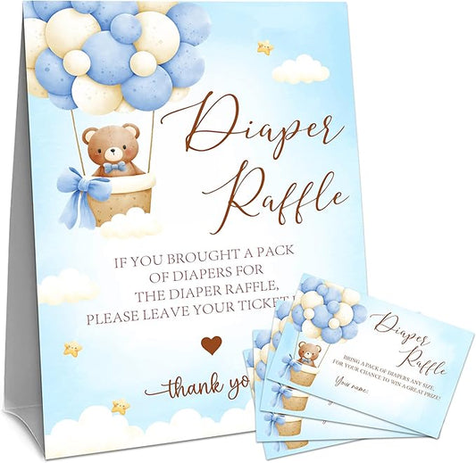 Blue Teddy Bear Diaper Raffle Set For Baby Shower - 50 Raffle Tickets With 1 Standing Sign - Baby Announcement, Gender Reveal Baby Shower Party Decoration Game Set - A01