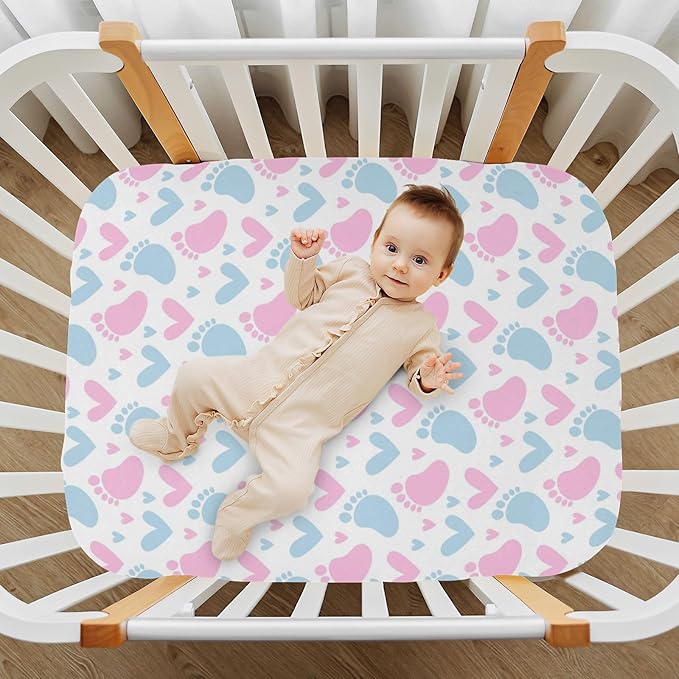 Baby Crib Sheets Pink and Blue Footprint Crib Sheets for Boys Girls,Neutral Bassinet Toddler Bed Play Sheets Breathable Soft and Portable 52 * 28 * 9in