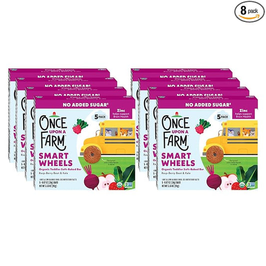 Once Upon A Farm Smart Wheels Organic Toddler Soft-Baked Bar, Rasp-Berry Beet & Kale, No Added Sugar, Kosher, USDA Certified Organic, Non-GMO, 3.35 Ounce (Pack of 8)